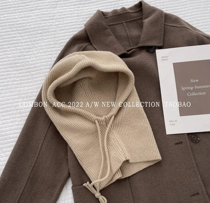 Knitted Hooded Balaclava Hats for Women – Korean Style Winter Outdoor Warmer, Drawstring Neck Collar Beanie Cap