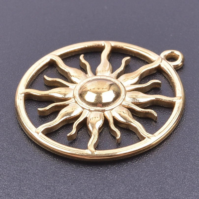 6pcs Real Gold-Plated Sun Charms - Stainless Steel Jewelry Making Pendants, Heart, Moon & Sunshine Design