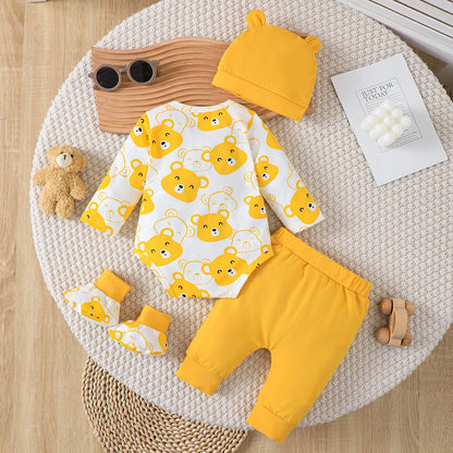 0-9 Months Baby Boy Set – Little Bear Long Sleeve Bodysuit, Pants, Hat & Socks for Spring & Autumn Newborns