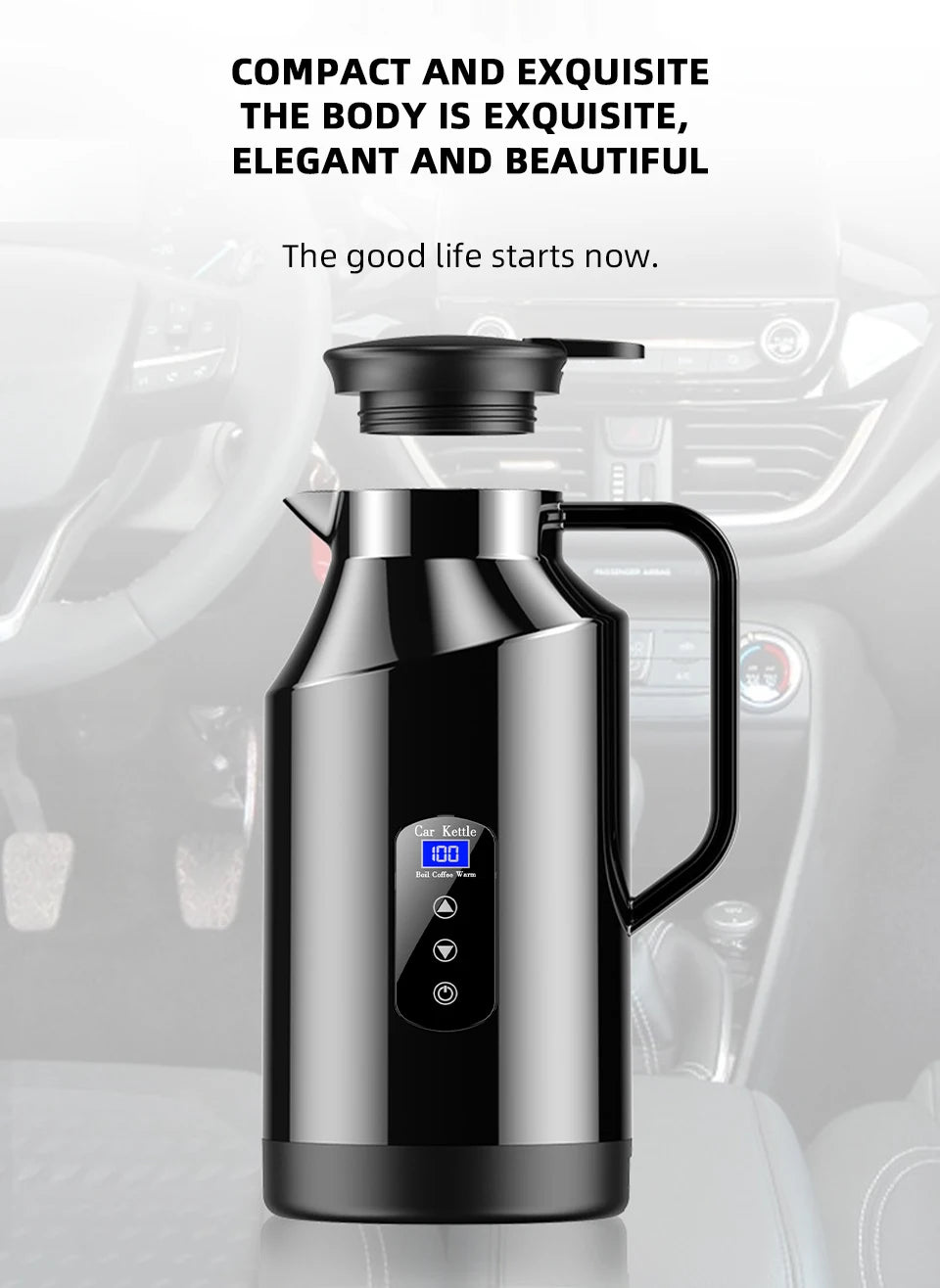 Yangood Portable Car Kettle 1500ML — Large Capacity 304 Stainless Steel Water Heater, 12V/24V for Travel, Tea, and Coffee