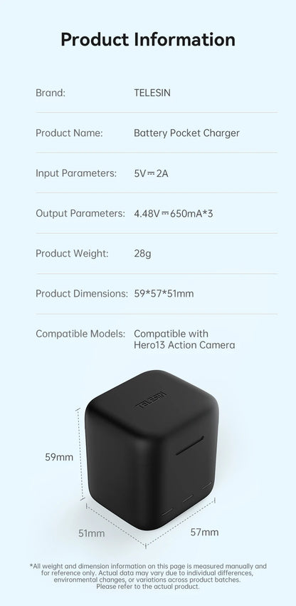 TELESIN 3-Slot Fast Battery Charger for GoPro Hero 13 – Portable Charging Dock for Action Camera Accessories