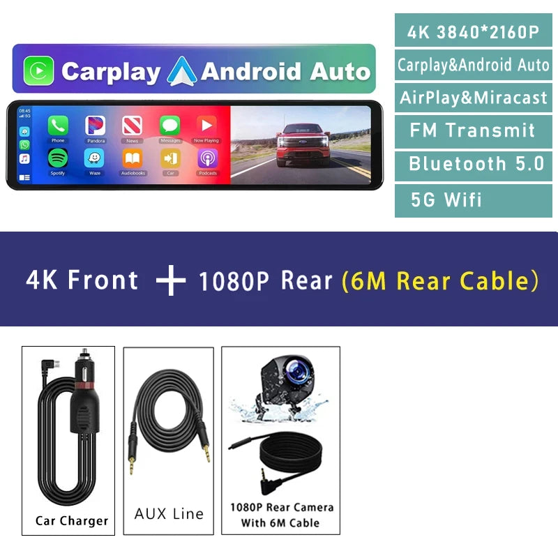 11.26" 4K 2160P Car DVR Dash Cam – CarPlay, Android Auto, GPS, WiFi, Bluetooth, FM, Rear View Mirror Camera & Drive Recorder