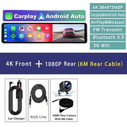 11.26" 4K 2160P Car DVR Dash Cam – CarPlay, Android Auto, GPS, WiFi, Bluetooth, FM, Rear View Mirror Camera & Drive Recorder