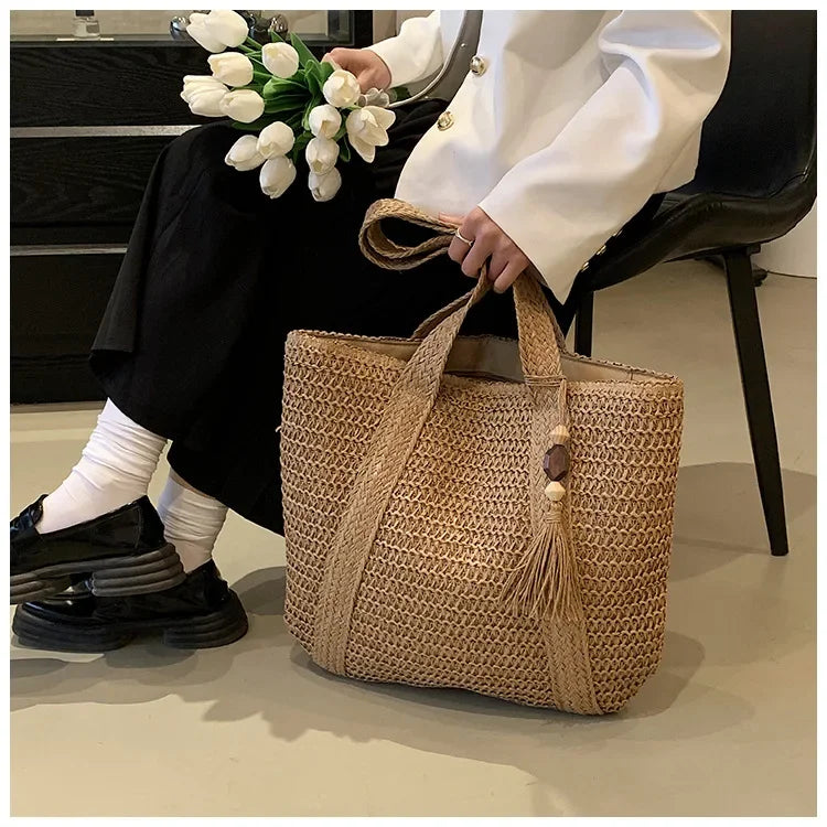 Elegant Straw Woven Handbag – Women’s Retro Beach & Casual Tote Top-Handle Shoulder Bag 2024