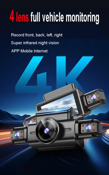 4 Channel Hidden Tachograph 4K Ultra HD Mini Dash Cam – Four Cameras with Rear View DVR, 24H Parking Monitor, BlackBox Video Recorder