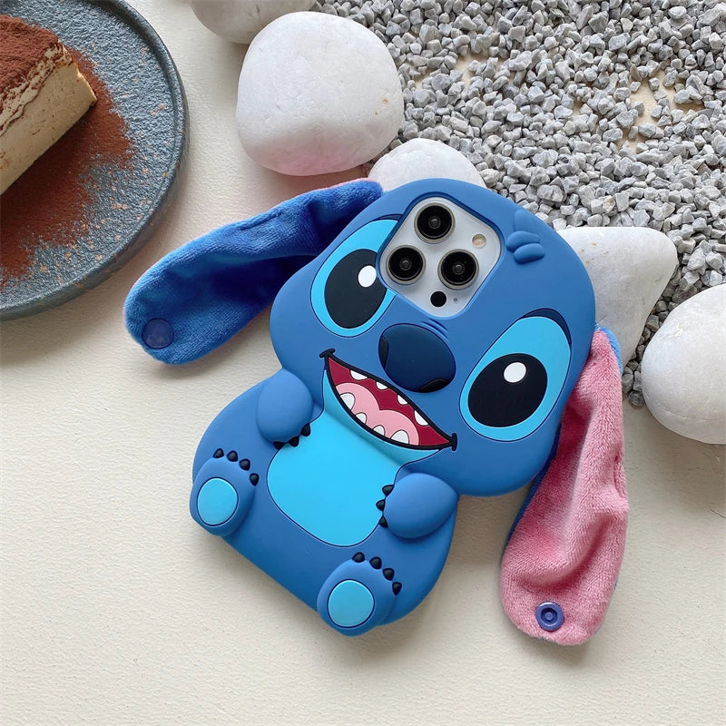 3D Stitch Plush Phone Case — Soft Silicone Cartoon Cover with Ear Strap for iPhone 11-16 Pro Max