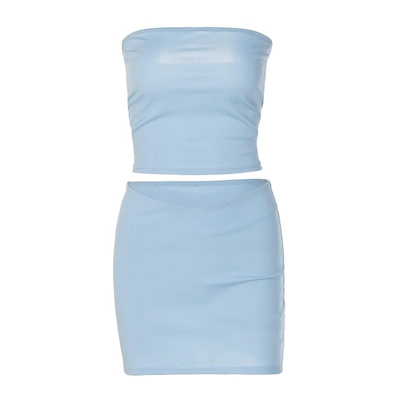 Hugcitar Solid Sleeveless Folds Tube Crop Top & Skirt Set – 2 Piece Summer Fashion Streetwear, Beach Clothing