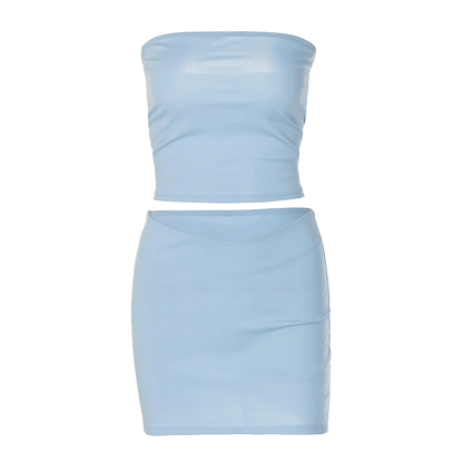 Hugcitar Solid Sleeveless Folds Tube Crop Top & Skirt Set – 2 Piece Summer Fashion Streetwear, Beach Clothing