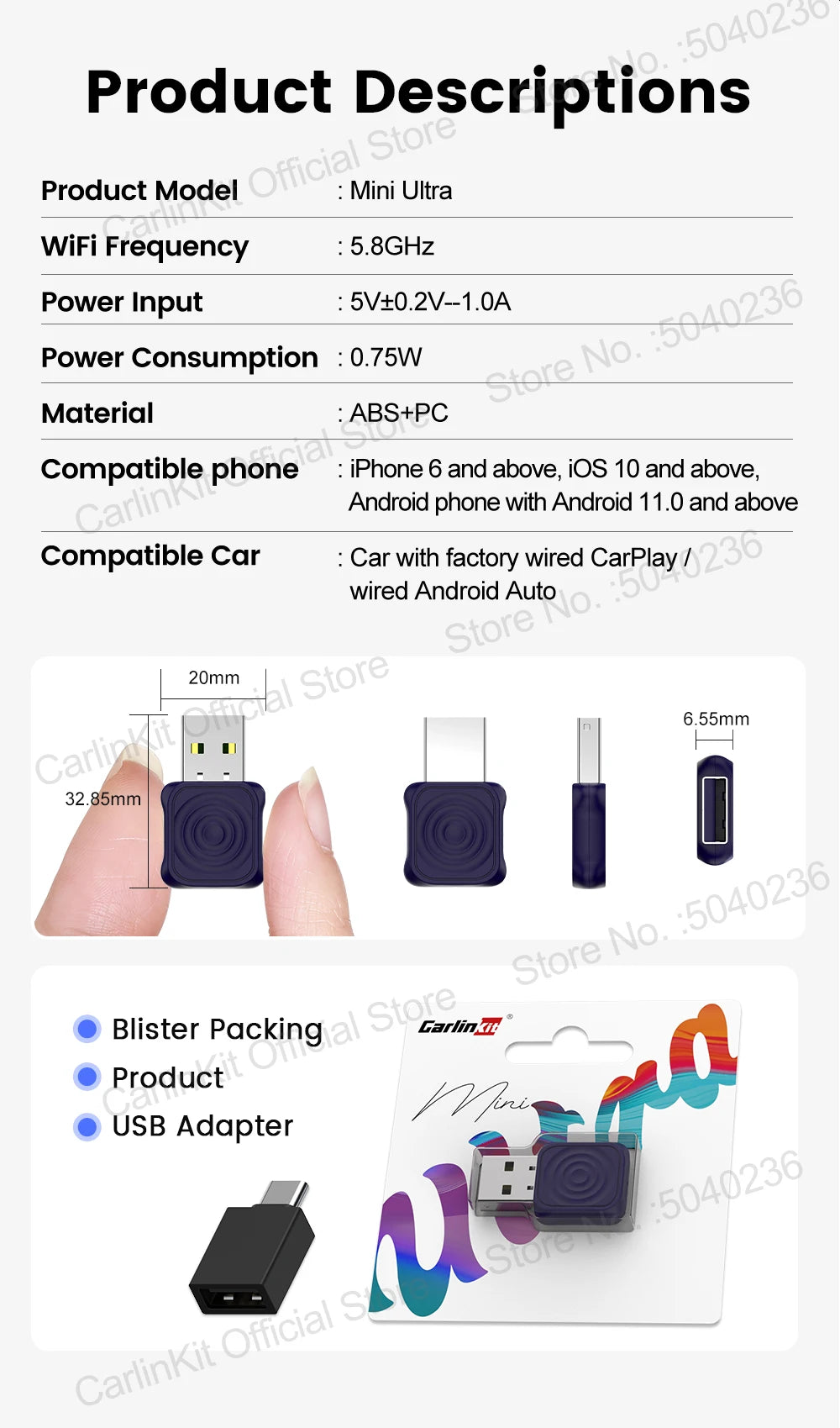 CarlinKit 5.0 Mini Wireless CarPlay & Android Auto Adapter – Plug & Pl ...