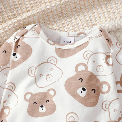 0-9 Months Baby Boy Set – Little Bear Long Sleeve Bodysuit, Pants, Hat & Socks for Spring & Autumn Newborns
