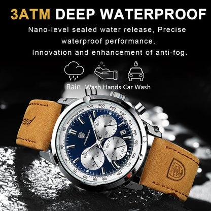 POEDAGAR Men's Luxury Sports Watch – Genuine Leather, Chronograph, Waterproof, Luminous Quartz Wristwatch