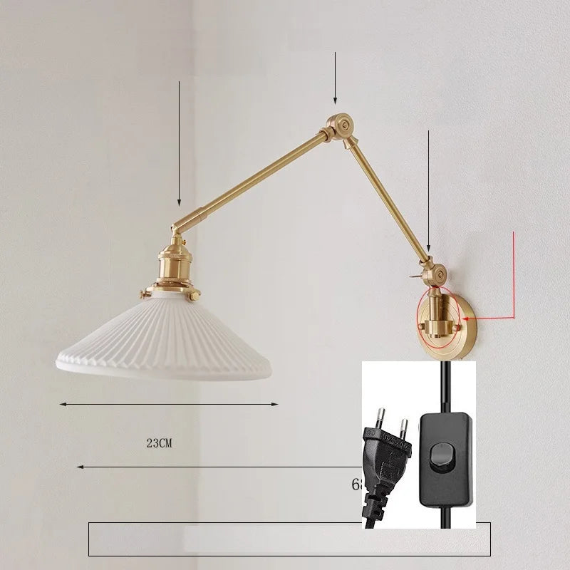 IWHD 2022 Ceramic Copper LED Wall Lamp — Adjustable Swinging Long Arm Light for Bedroom & Living Room