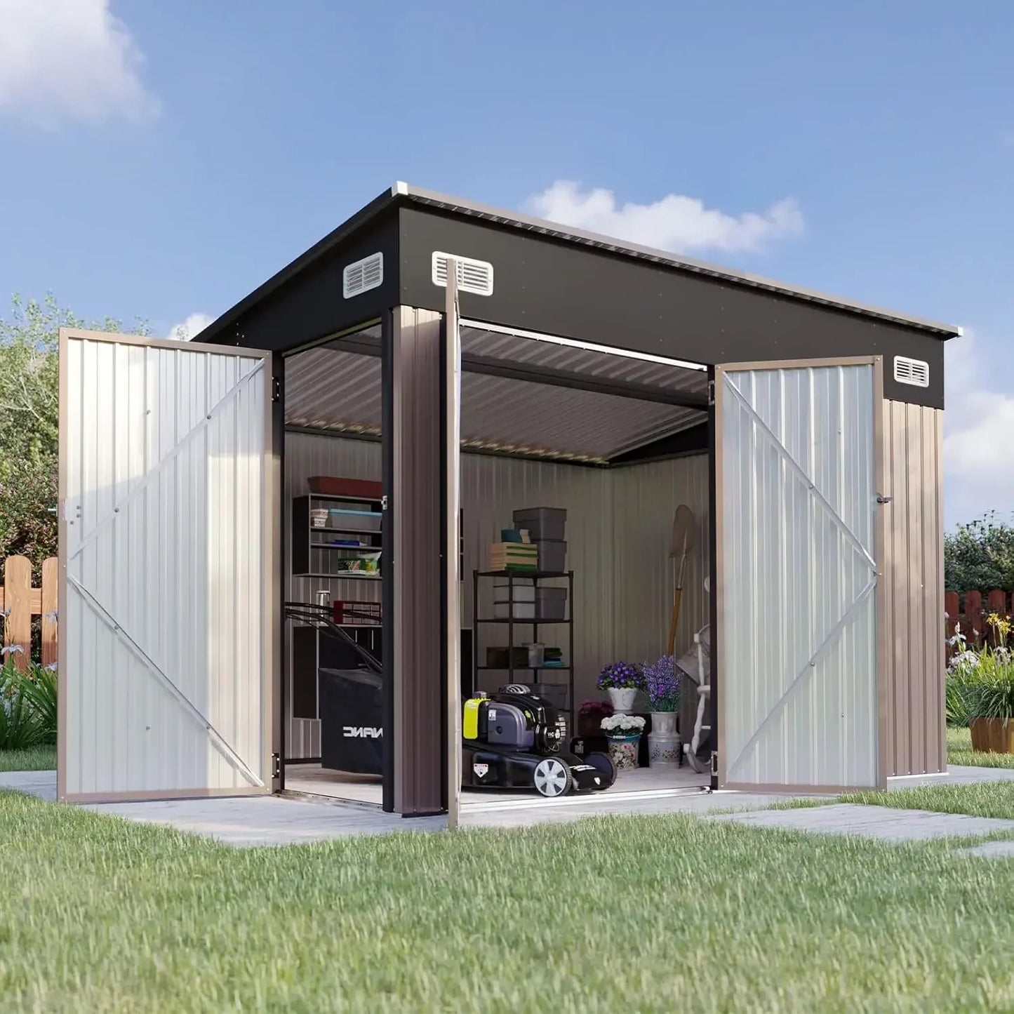 11.5'x7.5' Outdoor Metal Storage Shed – Triple Lockable Door with Sloping Roof for Tools & Bicycles