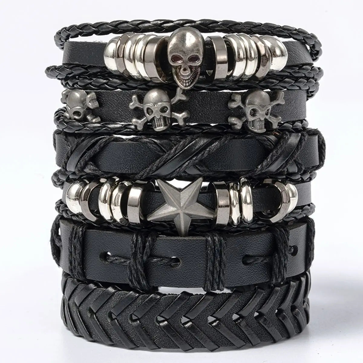 6PCS Black Punk Bracelet Set – Skull & Star Shaped Alloy with PU Leather