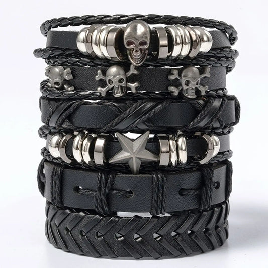 6PCS Black Punk Bracelet Set – Skull & Star Shaped Alloy with PU Leather