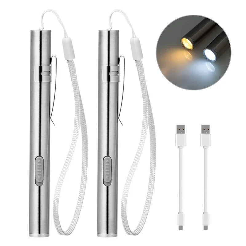 Mini Portable LED Pen Light — USB Rechargeable Medical Flashlight with Stainless Steel Clip for Dentist & Nurse Use