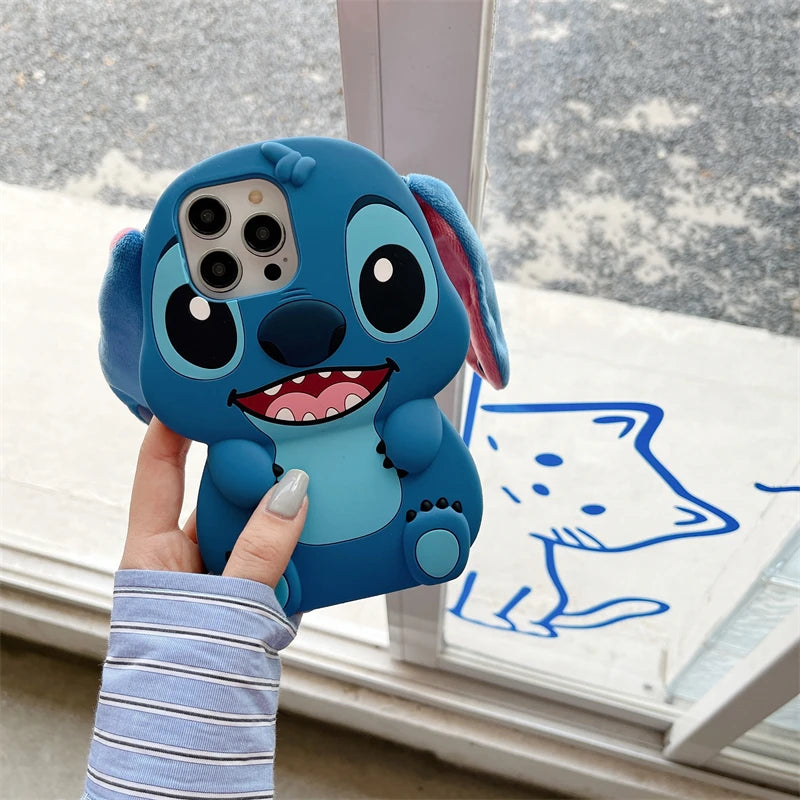3D Stitch Plush Phone Case — Soft Silicone Cartoon Cover with Ear Strap for iPhone 11-16 Pro Max