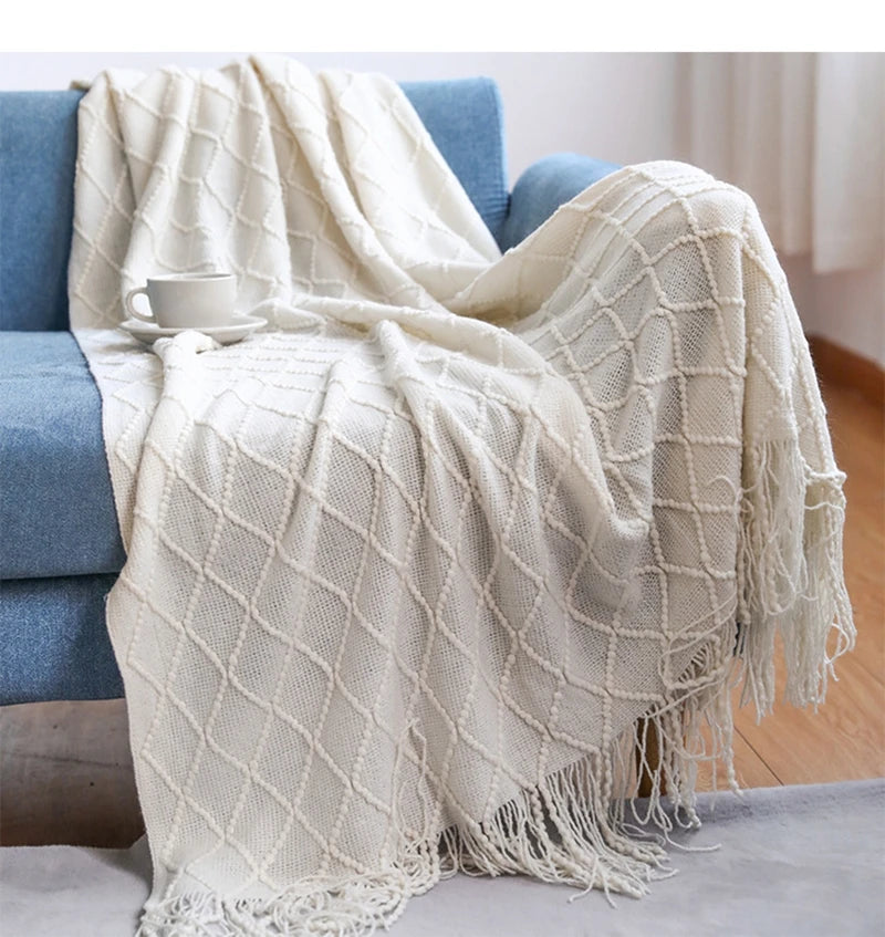 White Boho Throw Blanket – Textured Chunky Knitted Vintage Luxury Bedspread, Sofa Cover Manta Para Sofá