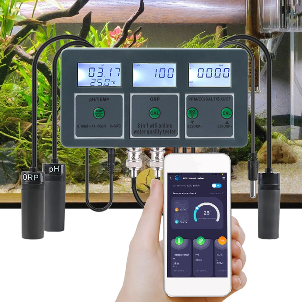 Tuya WiFi 8 in 1 Water Quality Tester – S.G, PH, EC, ORP, TDS, CF, Salt, Temp Analyzer for DIY Water Monitoring