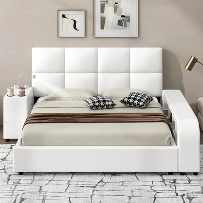Queen Size Smart Upholstered Bed Frame – White Faux Leather Platform with Storage Shelves, Headboard & Multimedia Nightstand