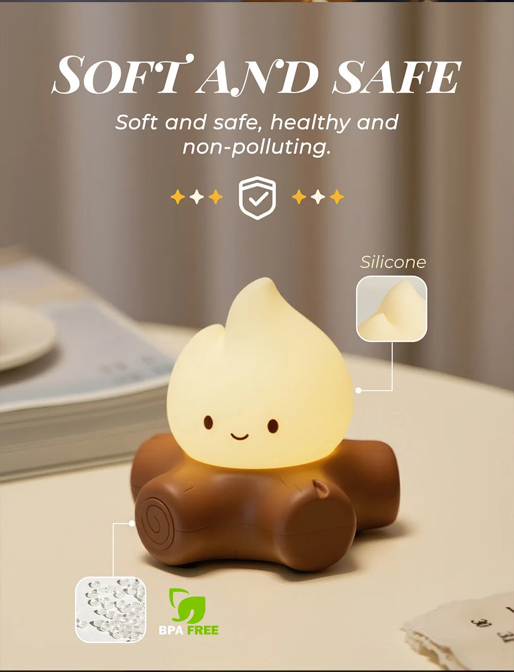 Campfire LED Night Light with White Noise – Creative Room Desk Lamp for Kids Gift