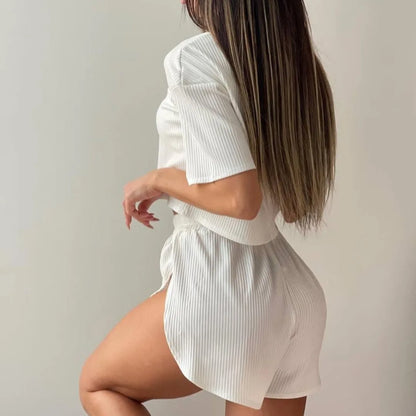 Women's Two-Piece Pajamas Set – Comfortable Sexy Short Sleeve Top and Shorts Homewear