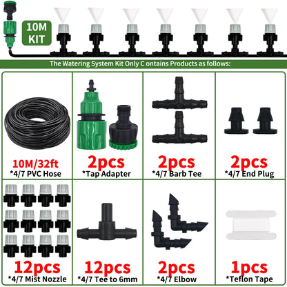10-20M Automatic Garden Irrigation System – Portable Misting Fog Nozzles with 4/7mm Tee Connector for Patio & Hose Spray