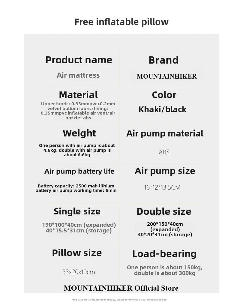 MOUNTAINHIKER 2025 Inflatable Air Mattress - PVC Glamping Camping / interior Bed Mat with Built-In Pump for 1-3 Person