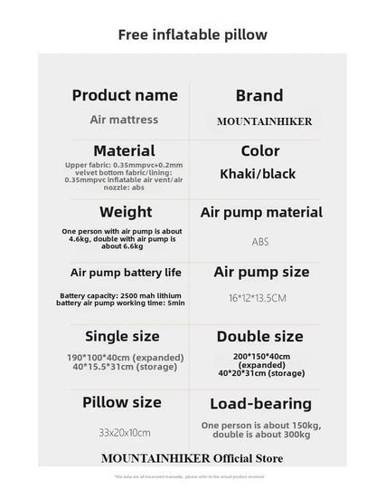 MOUNTAINHIKER 2025 Inflatable Air Mattress - PVC Glamping Camping / interior Bed Mat with Built-In Pump for 1-3 Person