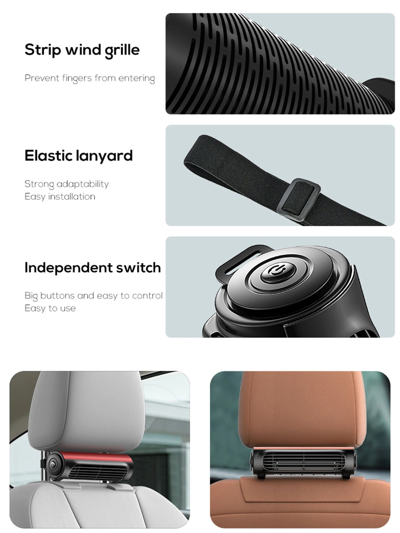 Vissko Portable Car Seat Fan – USB-Powered Headrest Cooling Air Fan with Adjustable Strap for Front & Rear Seats