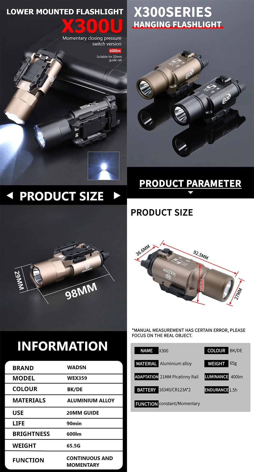 Tactical Surefire X300/X300U/X300V/XH35 LED Pistol Light – Metal Strobe, 20mm Rail Mount, Airsoft & Hunting Flashlight