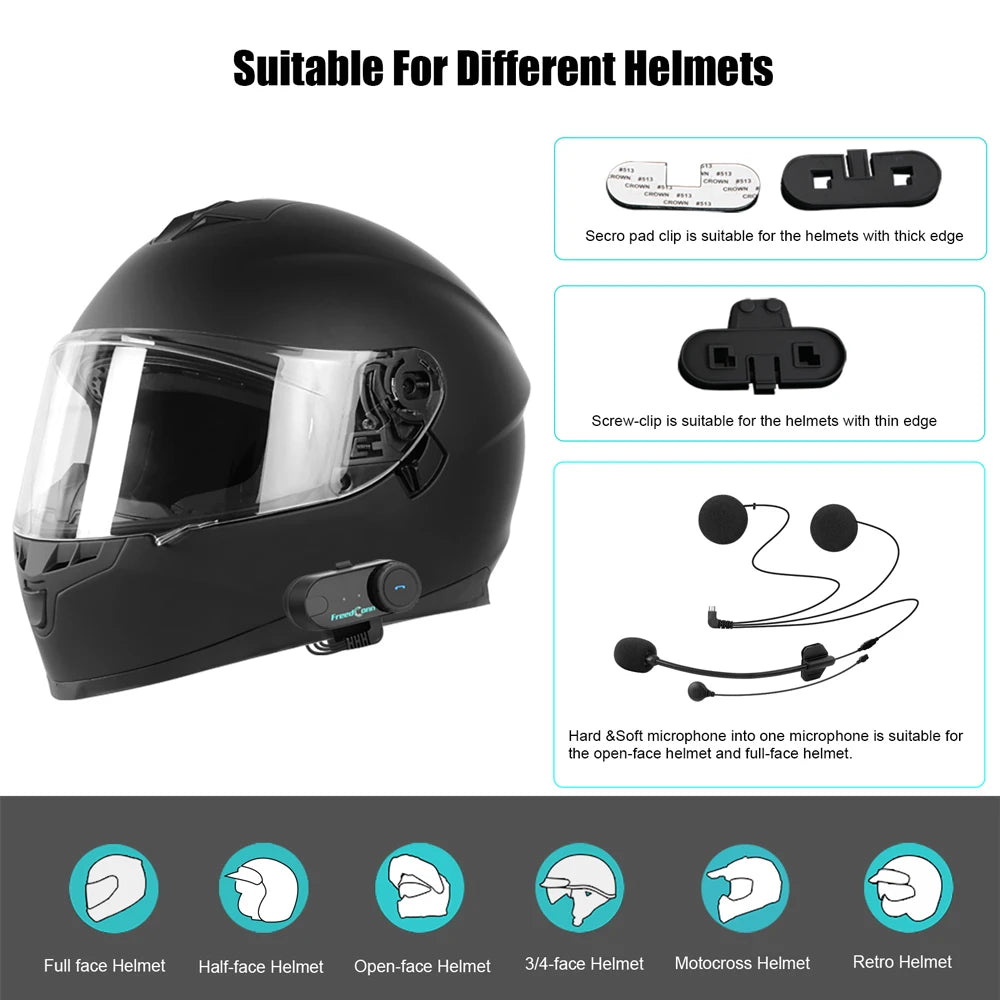 Freedconn T Com VB Motorcycle Helmet Bluetooth Headset — Wireless Stereo Intercom with Call, FM Music & Communication Sharing