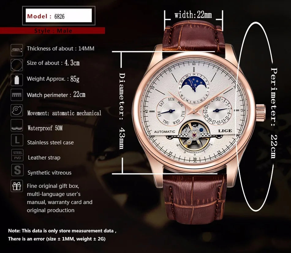 LIGE Men's Automatic Mechanical Tourbillon Watch - Waterproof Genuine Leather Military Wristwatch