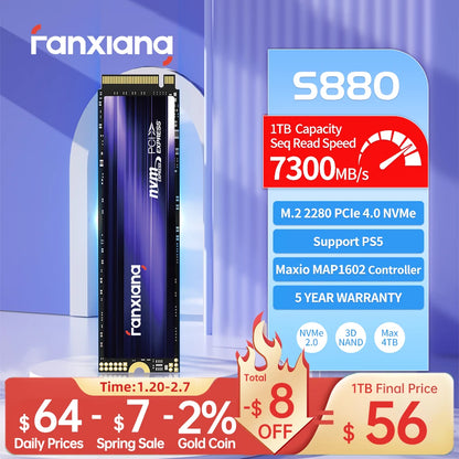 Fanxiang S500Pro/S880 M.2 SSD – 3500MB/s & 7300MB/s PCIe 3.0/4.0 NVMe Internal Solid State Drive (512GB, 1TB, 2TB, 4TB) for Laptop & PC