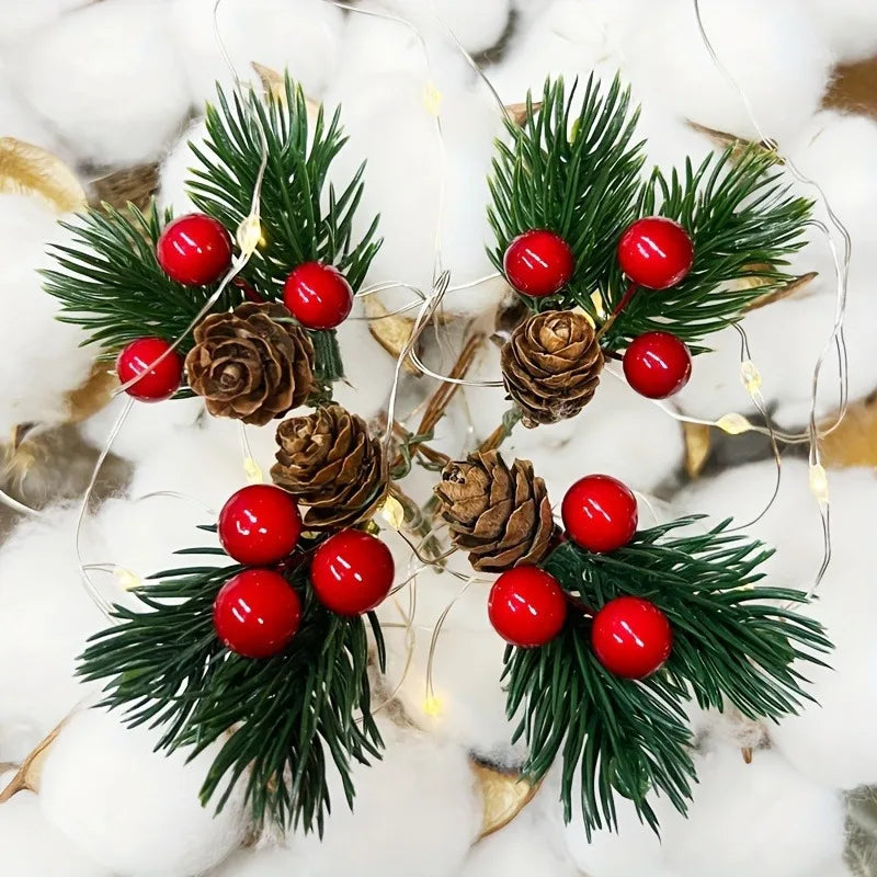 10pcs Artificial Pine Cones & Red Berries – Christmas Tree Toppers & Holiday Decor Set