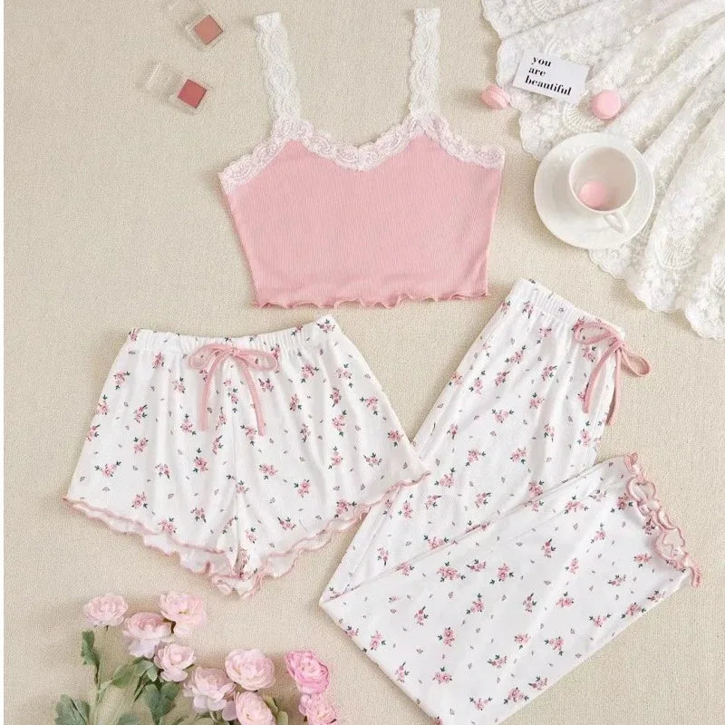 Women's 2-Piece Pajama Set – Pink Lace V-Neck Cami Top & Printed Shorts Sleepwear Loungewear