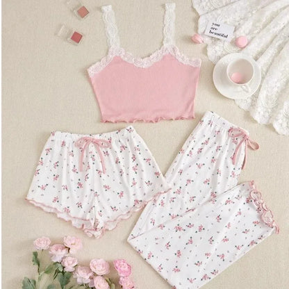 Women's 2-Piece Pajama Set – Pink Lace V-Neck Cami Top & Printed Shorts Sleepwear Loungewear
