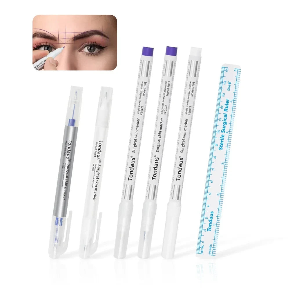 Professional Surgical Sterile Skin Marker Pen – Microblading Tattoo Eyebrow & Lip Marker with Measuring Ruler Set