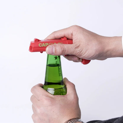 Portable Cap Gun Bottle Opener – Creative Flying Cap Launcher, Gun-Shaped Drink Opener for Beer, Red & Gray