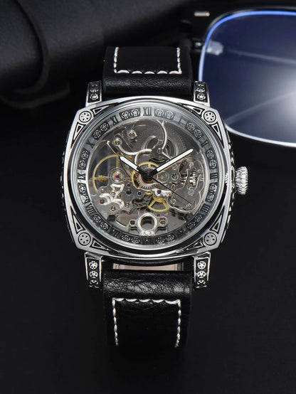 LONGLUX Automatic Mechanical Skeleton Watch – Retro Style Waterproof Leather Men’s Wristwatch, No Logo