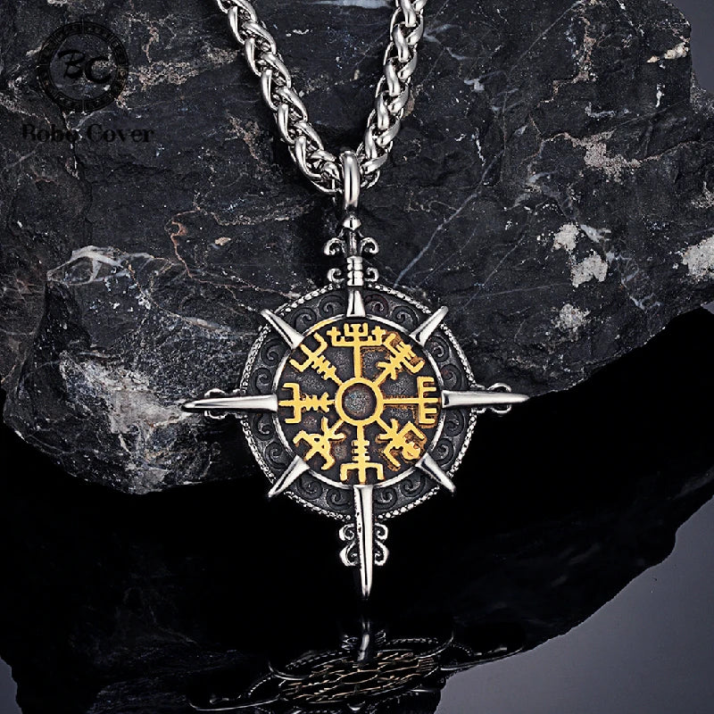 Retro Gold Viking Compass Necklace – Antique Stainless Steel Norse Rune Vegvisir Amulet Pendant for Men