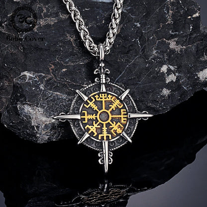 Retro Gold Viking Compass Necklace – Antique Stainless Steel Norse Rune Vegvisir Amulet Pendant for Men