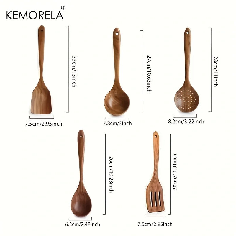 5PCS Thailand Teak Wooden Cooking Spoon Set – Natural Kitchen Ladle, Turner, Rice Colander & Soup Skimmer Utensils