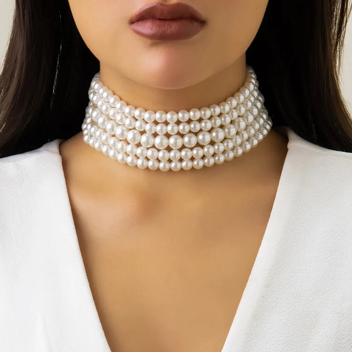 Vintage Imitation Pearl Multi-Layer Necklace – Elegant Oval Beads Choker Collar for Women, Chain Jewelry Accessories, Party Gift