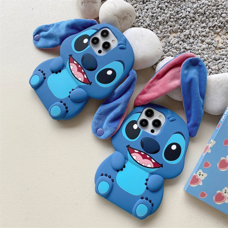 3D Stitch Plush Phone Case — Soft Silicone Cartoon Cover with Ear Strap for iPhone 11-16 Pro Max