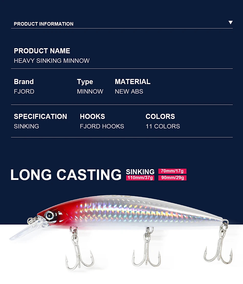FJORD Heavy Sinking Minnow Fishing Lures – 110S 37g, 90S 29g, 70S 17g Saltwater & Freshwater Jerkbait