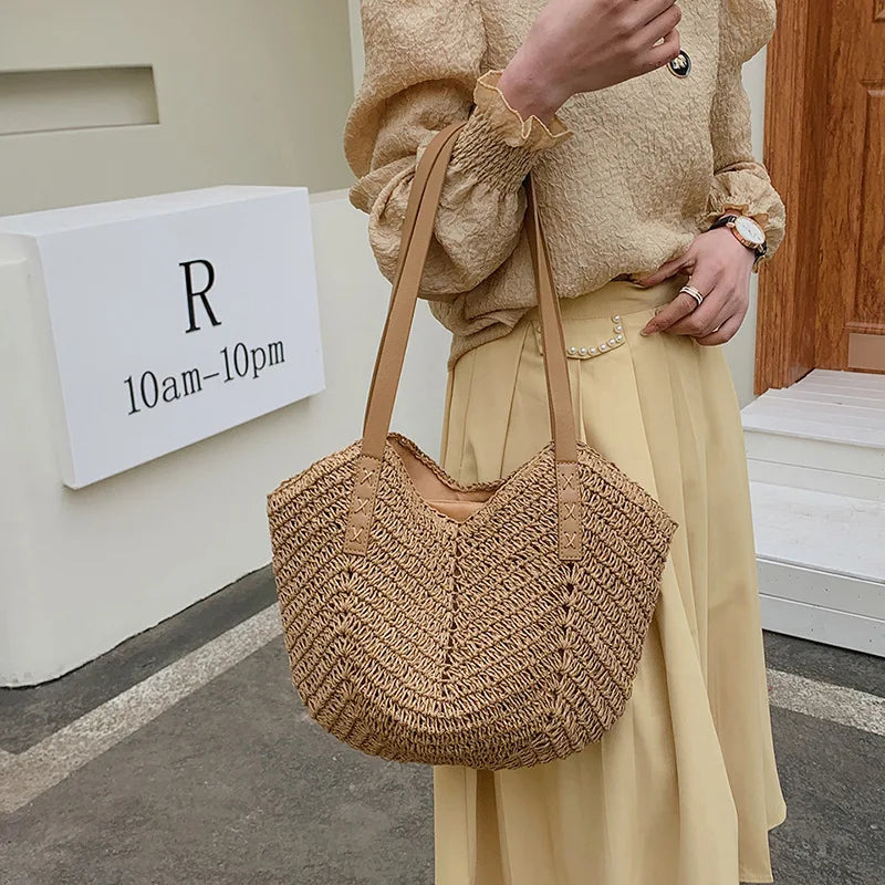 Handmade Woven Straw Beach Bag – Large Capacity Women’s Raffia Shoulder Tote for Summer Travel