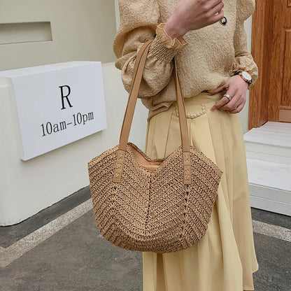 Handmade Woven Straw Beach Bag – Large Capacity Women’s Raffia Shoulder Tote for Summer Travel