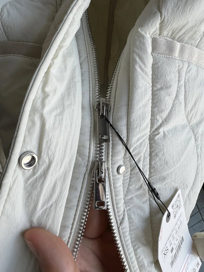 2024 ETJ Quilted Women's Coat – Beige Drawstring High Neck Jacket with Ties & Pockets