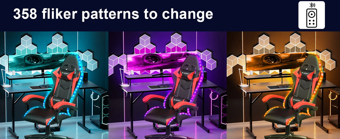 RGB Gaming Chair with LED Lights – Ergonomic PU Leather High Back Reclining Office Chair with Headrest